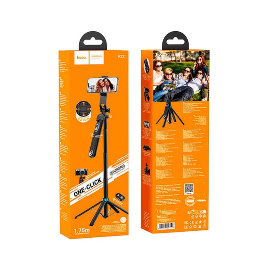 חצובה 4 רגליים 1.75 מטר מוט סלפי עם שלט רחוק Bluetooth דגם HOCO K22 – תמונה 2